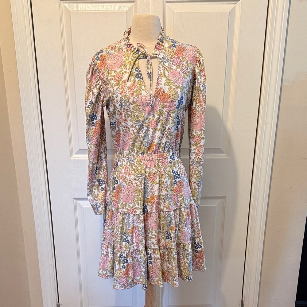 Floral Tie-Neck Midi Dress in Pink & Cream Medium
